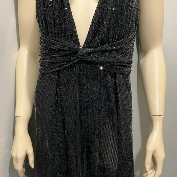 LUXXEL Black Sequin gown, high-slit & sexy deep v-neck front & back NWOT  sz S - Picture 4 of 11